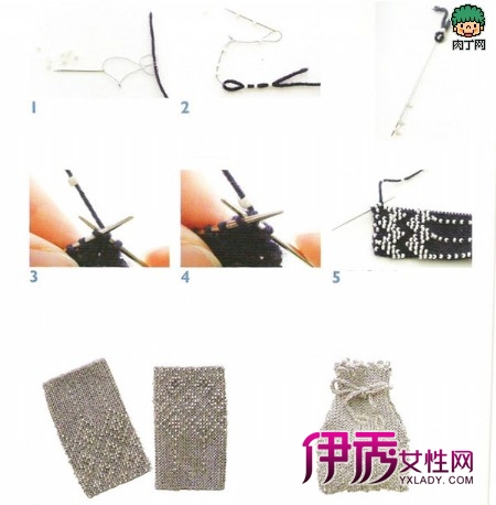 时尚棒针串珠毛线手套和束口袋的编织方法_创